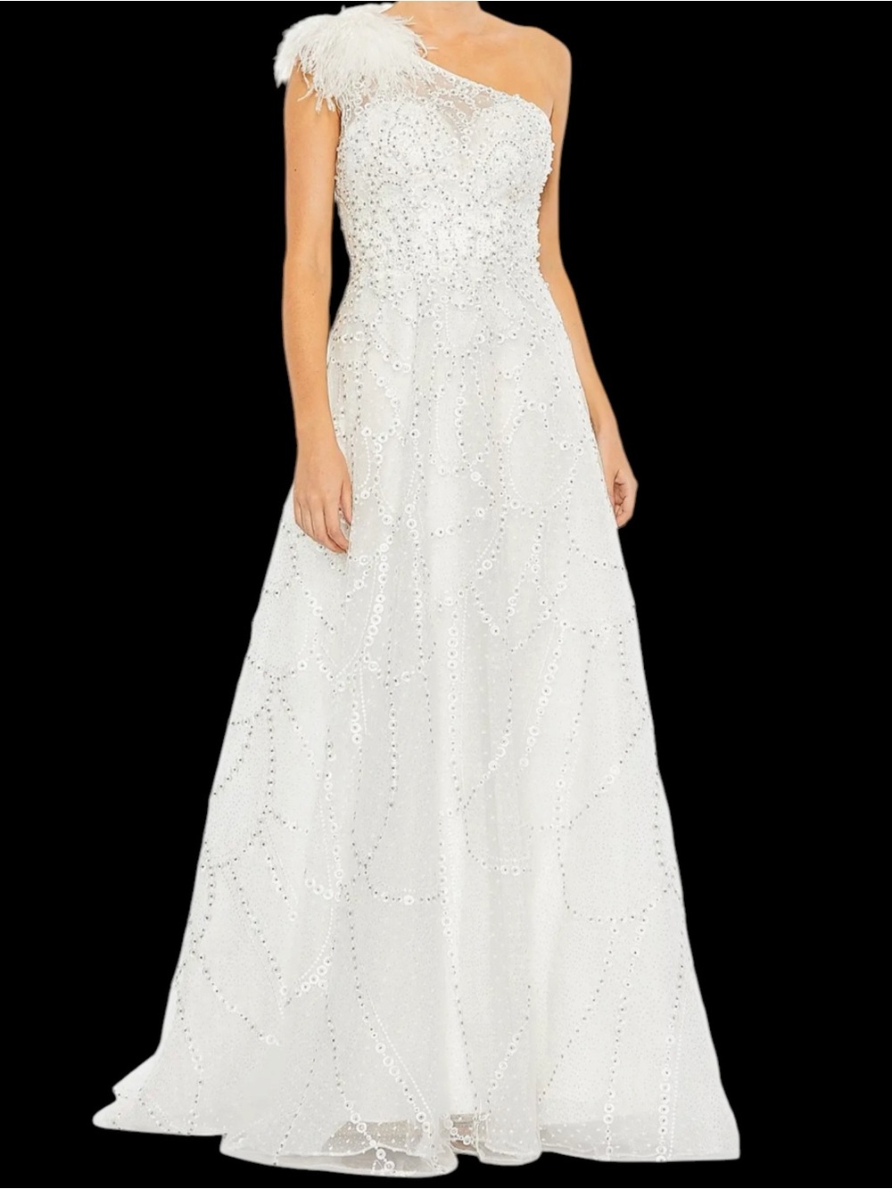 Mac Duggal 20389 One-Shoulder Ivory Feathered Beaded A-line Gown NWT